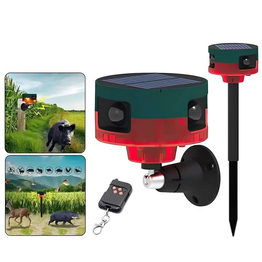 Solar Powered Wildlife Deterrent with 360 Degree Sensing, Strobe Lights and Varied Sounds