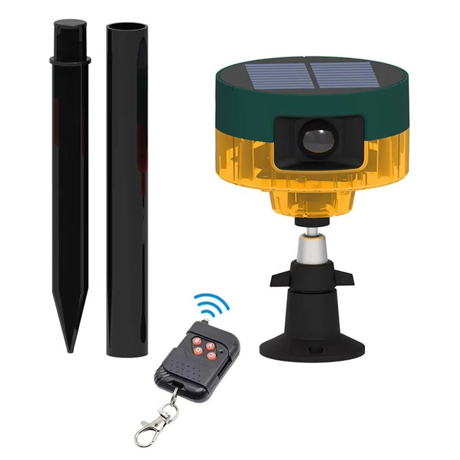 Solar Powered Wildlife Deterrent with 360 Degree Sensing, Strobe Lights and Varied Sounds