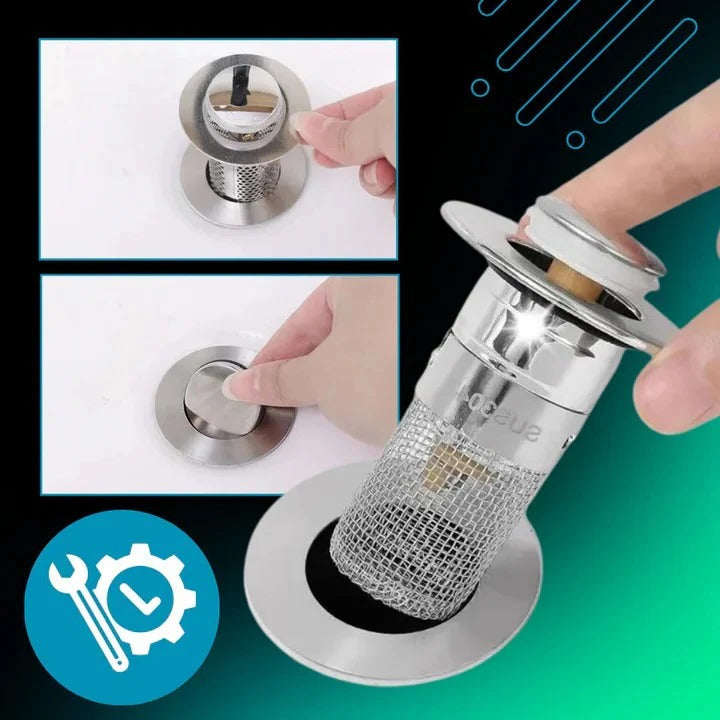 Pop Up Sink Stopper with Dual-Layer Odor Seal and Integrated Strainer, Toolless Install