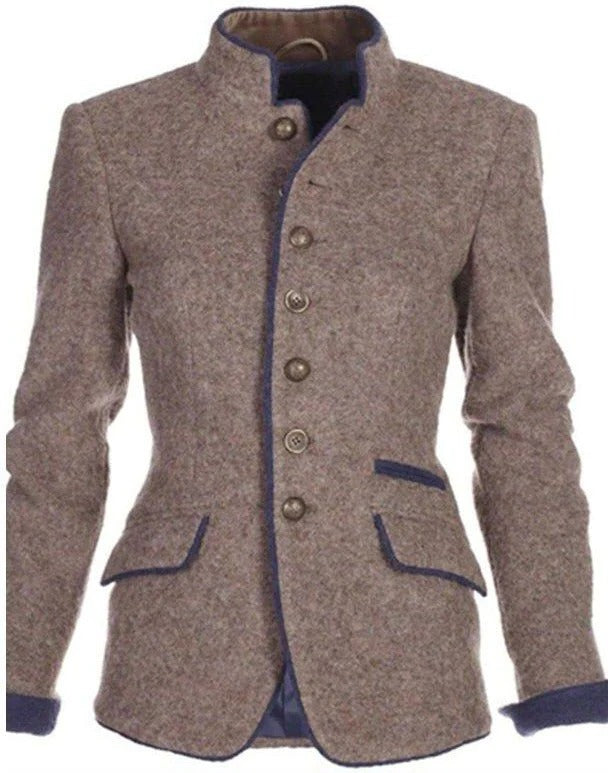 Two Tone Stand Collar Blazer with Tailored Fit and Button Front Closure