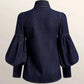 Fitted Blouse with Adjustable Bow Tie and Puff Sleeves, Gathered Cuffs