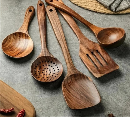 Teak Kitchen Utensil Set with Food-Safe Finish and Rounded Pan-Safe Edges, 4-Piece