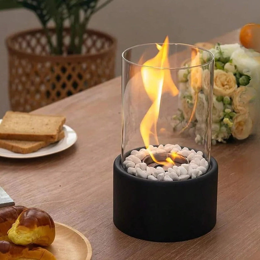 Ethanol Tabletop Fireplace with Glass Cylinder and Flame Snuffer