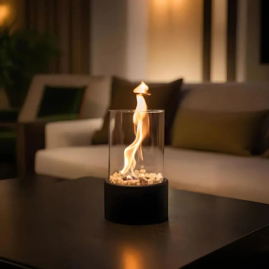 Ethanol Tabletop Fireplace with Glass Cylinder and Flame Snuffer
