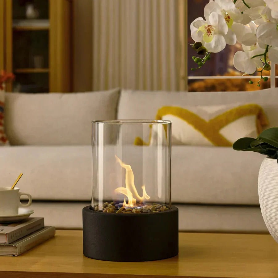 Ethanol Tabletop Fireplace with Glass Cylinder and Flame Snuffer