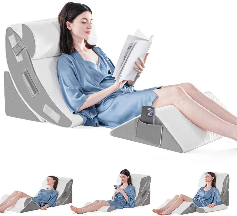 Memory Foam Wedge Pillow Set with Adjustable Strips and Removable Plush Cover, 4 Piece
