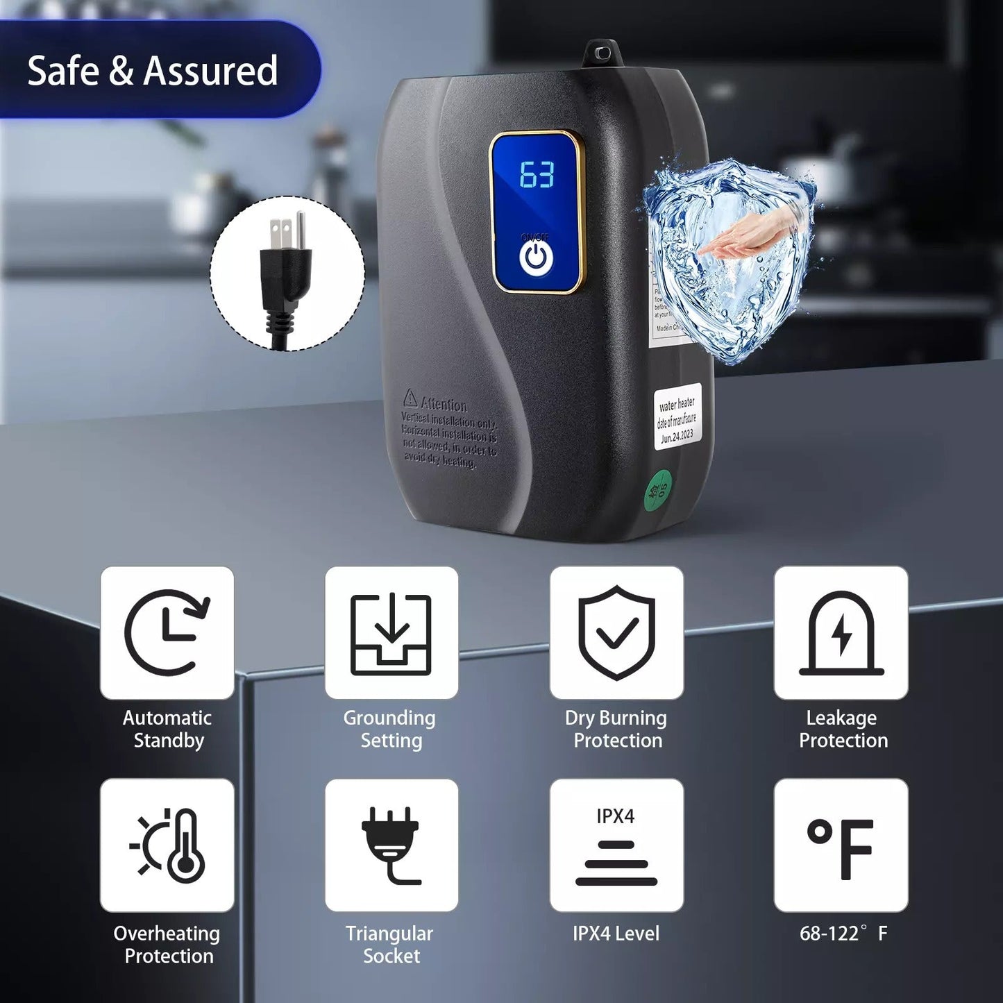 Electric Tankless Water Heater with LED Display and Safety Protection