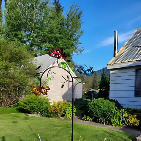 Flower Wind Spinner with Rotating Petals and Placement Stake for Gardens
