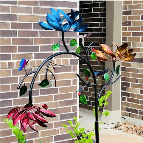 Flower Wind Spinner with Rotating Petals and Placement Stake for Gardens