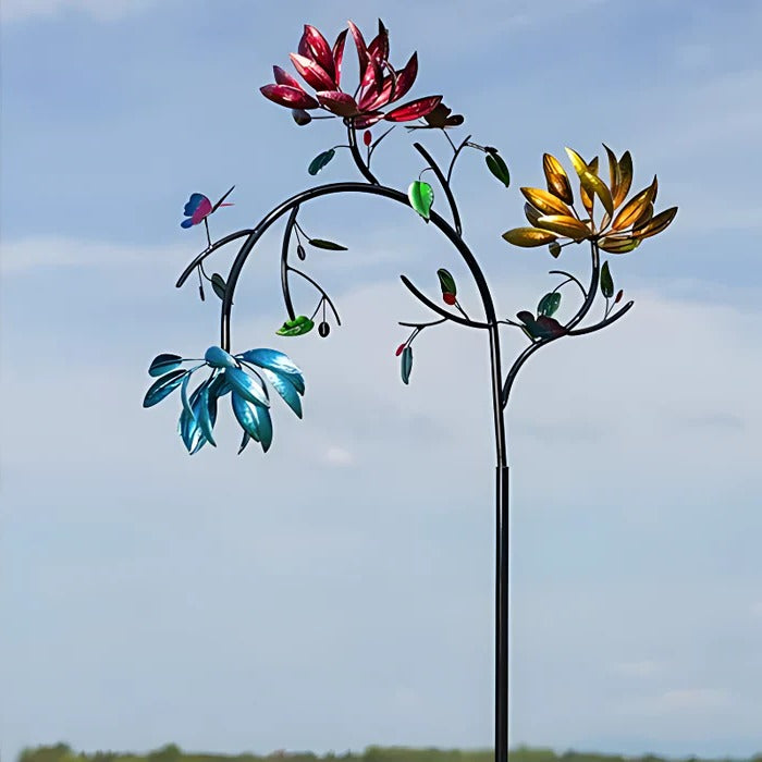 Flower Wind Spinner with Rotating Petals and Placement Stake for Gardens