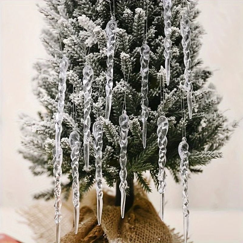 Clear Icicle Ornaments with Shatter Resistant Build and Light Reflecting Surface, 12 Piece Set