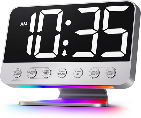 Odokee Digital Alarm Clocks for Bedrooms: Large Bold Number 5 Brightness Dimmer - Easy to Read Across The Room - 5 Alarm Sound 8 Night Light - Silver allveramart