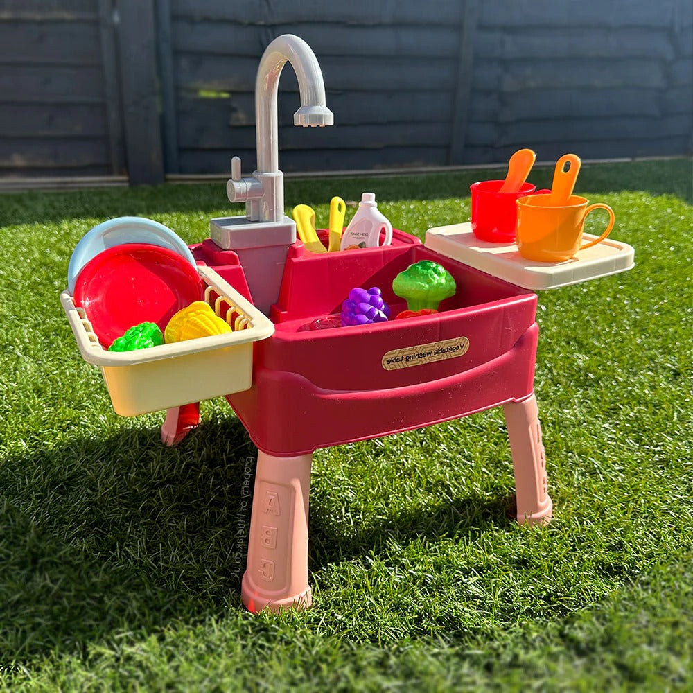 Pretend Play Sink with Battery Operated Tap and 19 Accessories, Removable Legs
