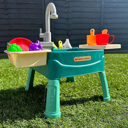 Pretend Play Sink with Battery Operated Tap and 19 Accessories, Removable Legs