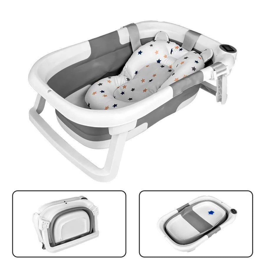 Newborn Bathing Tub with Temperature Alert and Soft Mat, Foldable Design