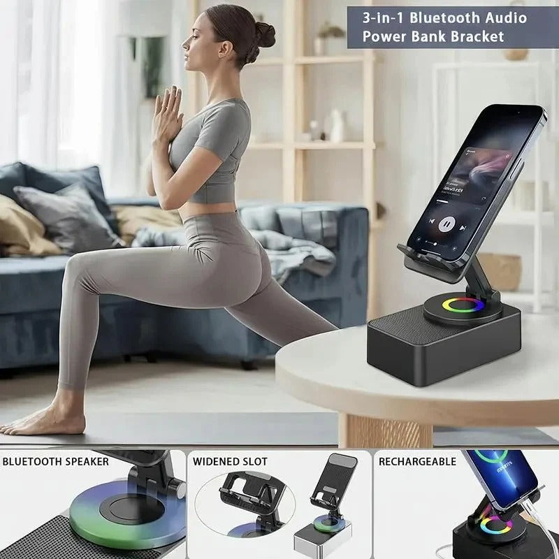 Foldable Phone Stand with Wireless Speaker and 1500mAh Power Bank, Color LED Base