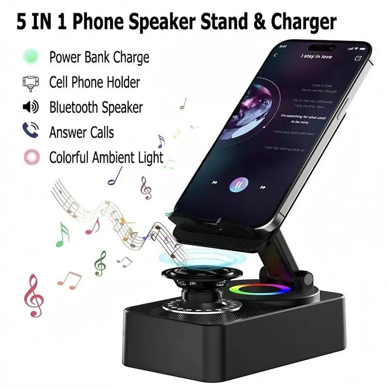 Foldable Phone Stand with Wireless Speaker and 1500mAh Power Bank, Color LED Base