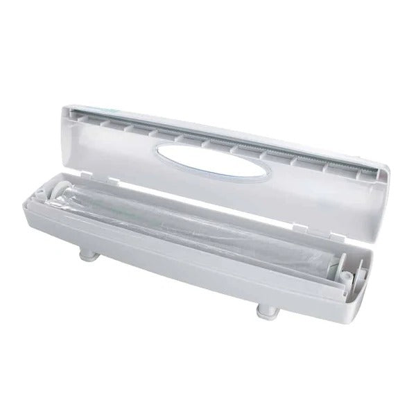 Plastic Wrap Dispenser with Spring Loaded Cutter and Multi-Material Compatibility