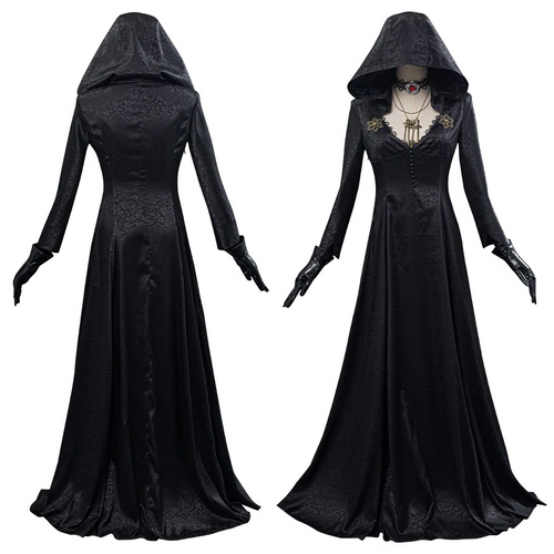 Vampire Lady Cosplay Costume with Jacquard Coat and Satin Dress, Neckband and Tattoo Stickers