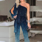 One Sleeve Disco Top with Floor Length Trousers and Asymmetric Shoulder Design