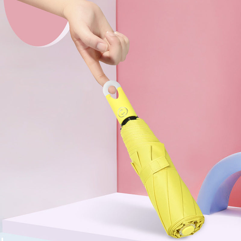 Button Activated Umbrella with 360 Degree Rotating Handle and Hook Storage Design