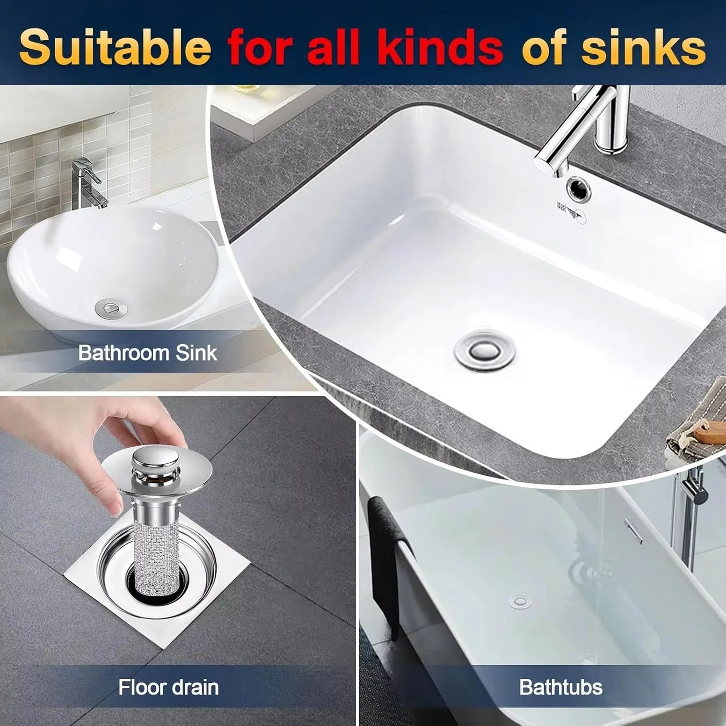 Pop-Up Sink Drain Stopper with Built-In Hair Catcher for Bathroom and Kitchen Sinks