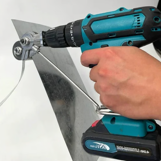 Drill-Powered Sheet Metal Cutter with Chuck Attachment and Portable Design
