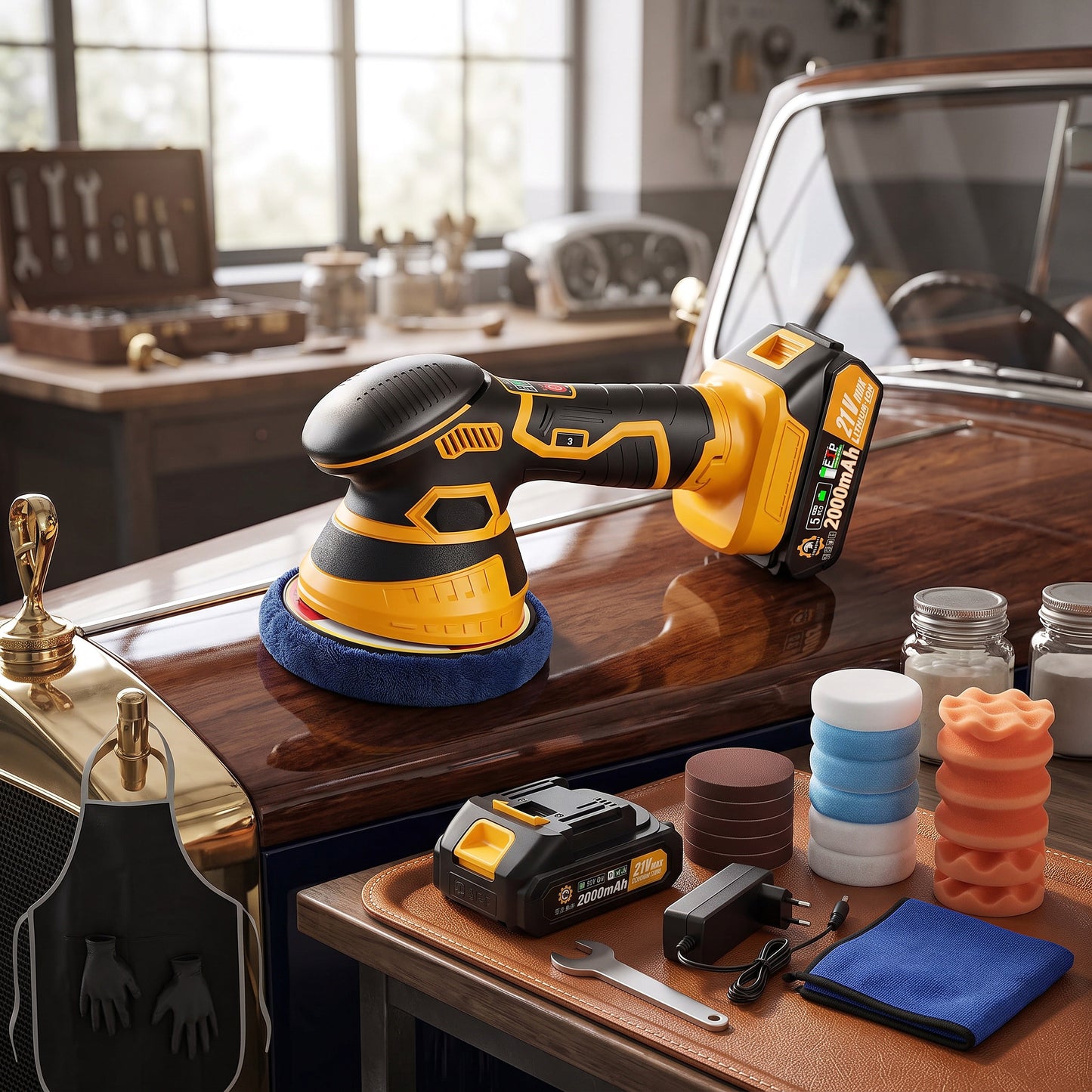 Battery Powered Orbital Buffer for Auto Paint Correction with Multiple Foam Pads