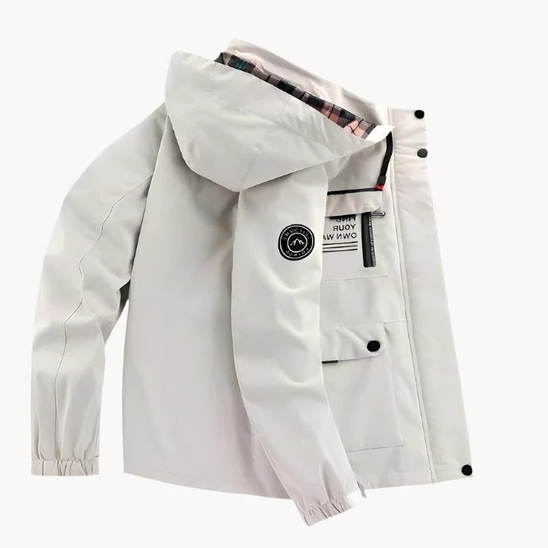 Mens Outdoor Jacket with Adjustable Detachable Hood and Breathable Membrane, Multiple Zippered Pockets