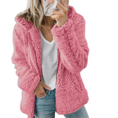 Fleece Coat with Bear Teddy Texture and Full Zipper, Side Pockets