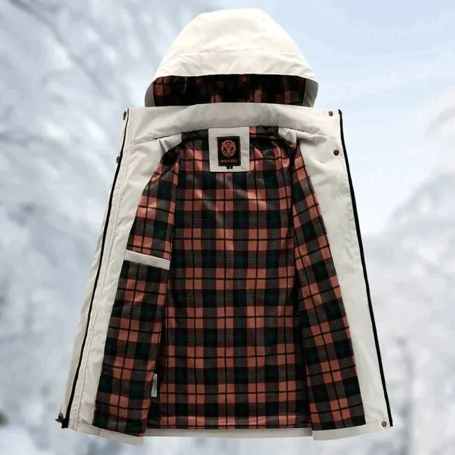 Mens Outdoor Jacket with Adjustable Detachable Hood and Breathable Membrane, Multiple Zippered Pockets