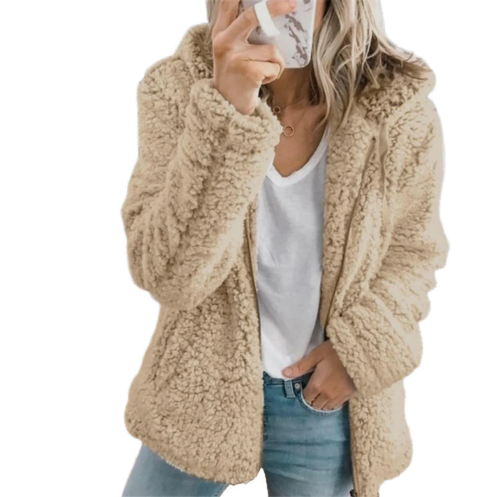 Fleece Coat with Bear Teddy Texture and Full Zipper, Side Pockets