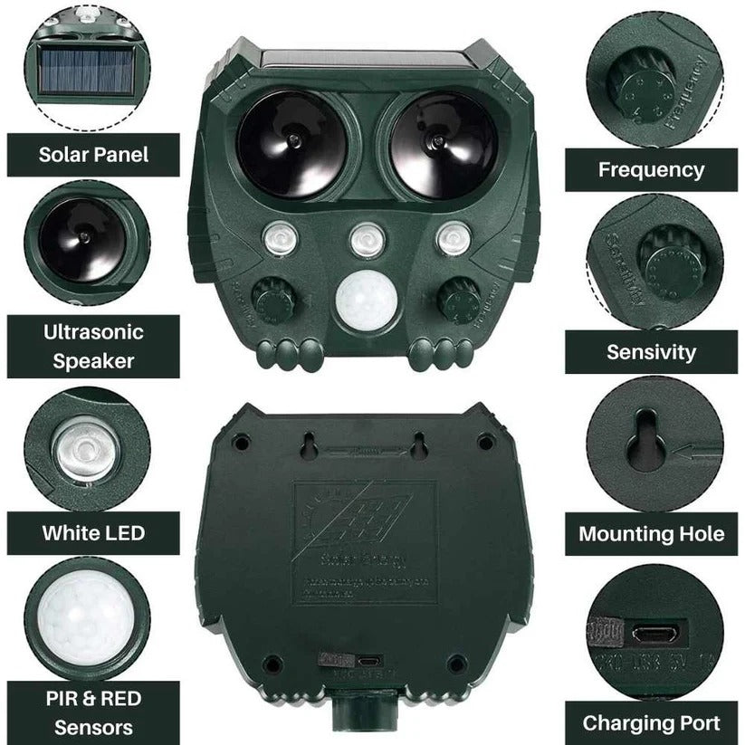 Animal Ultrasonic Repellent with Motion Sensor and Solar Power, 110° Range 26 Ft