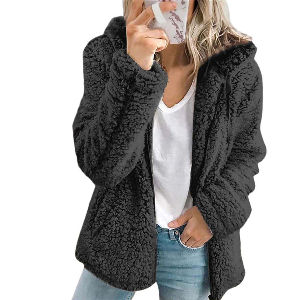 Fleece Coat with Bear Teddy Texture and Full Zipper, Side Pockets