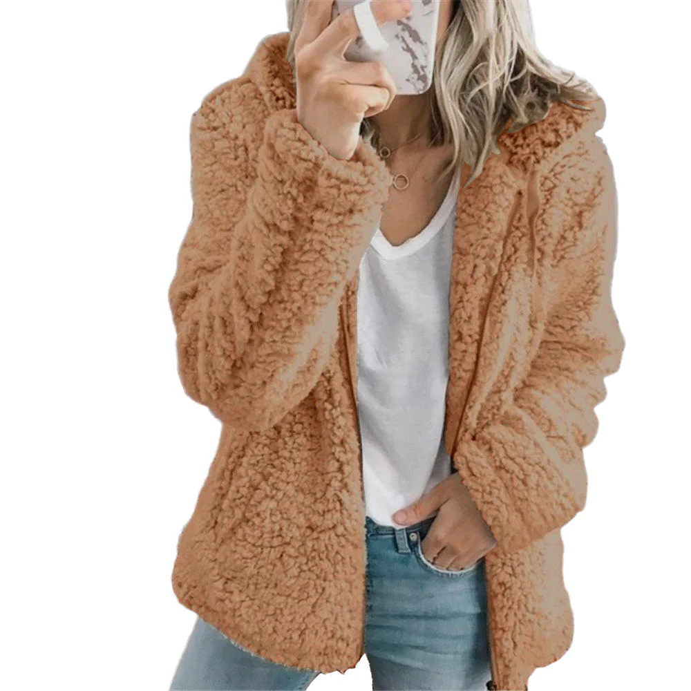 Fleece Coat with Bear Teddy Texture and Full Zipper, Side Pockets