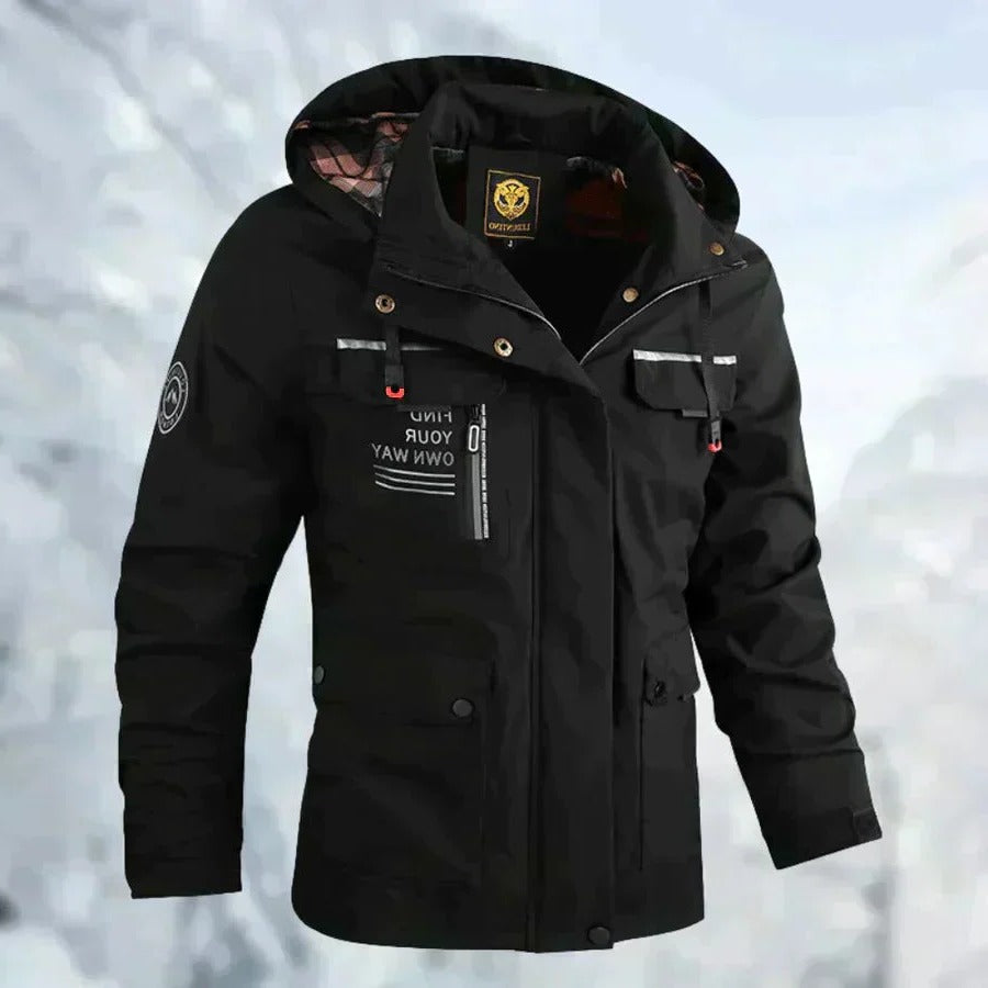 Mens Outdoor Jacket with Adjustable Detachable Hood and Breathable Membrane, Multiple Zippered Pockets