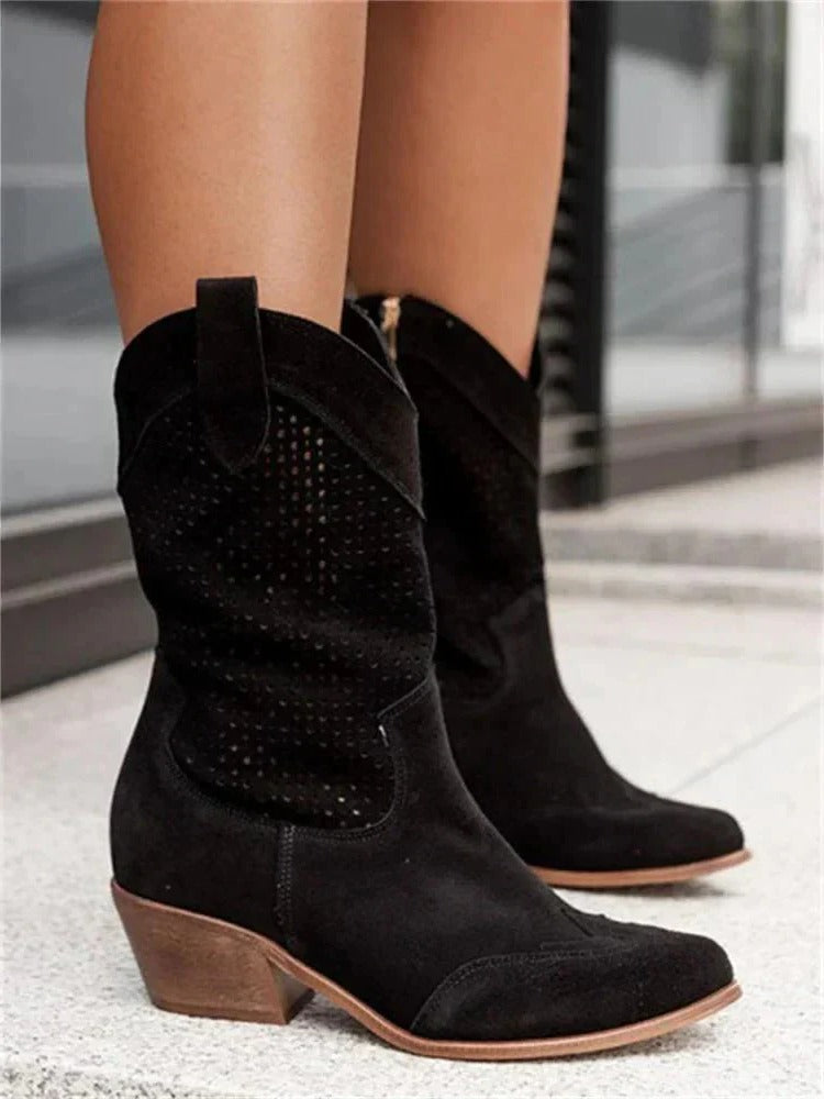 Mid Calf Cowboy Boots with Side Zipper Closure and Shaped Sole