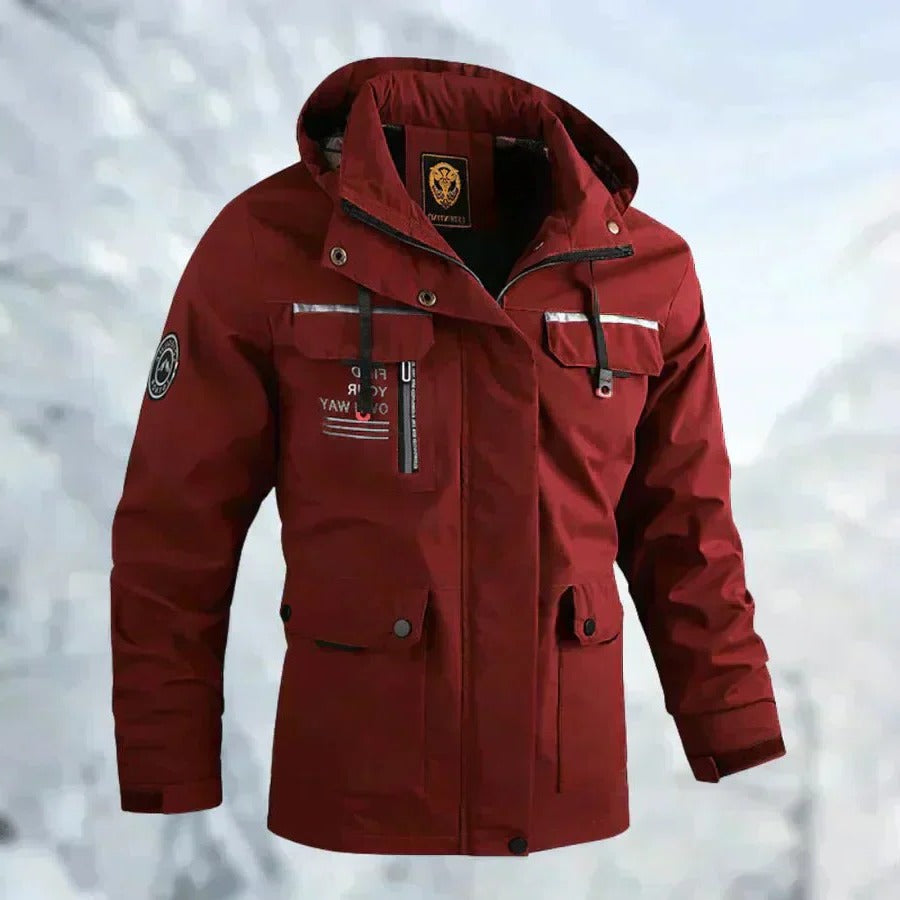 Mens Outdoor Jacket with Adjustable Detachable Hood and Breathable Membrane, Multiple Zippered Pockets