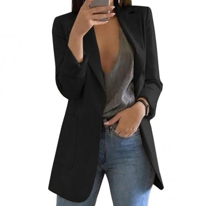 Womens Long Wool Blazer with Open Front Design and Tailored Fit
