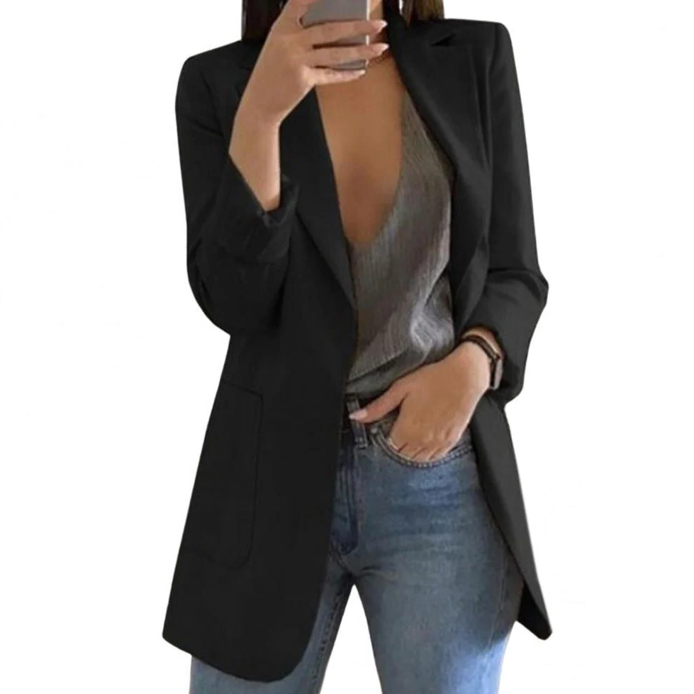 Womens Long Wool Blazer with Open Front Design and Tailored Fit