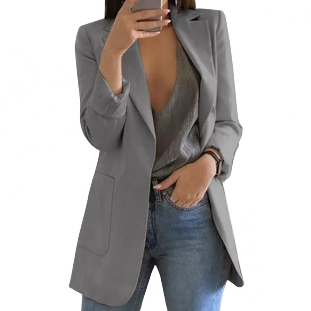 Womens Long Wool Blazer with Open Front Design and Tailored Fit