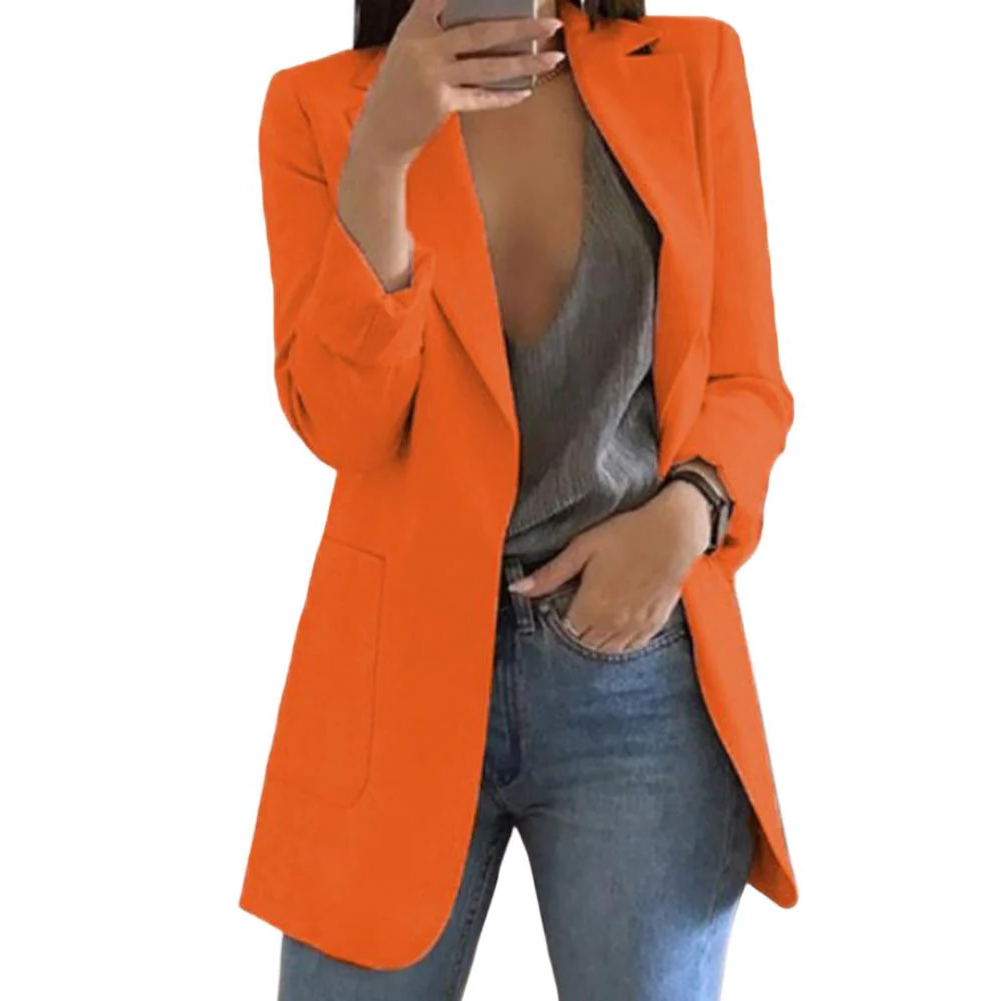 Womens Long Wool Blazer with Open Front Design and Tailored Fit