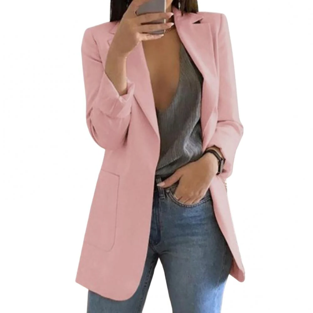 Womens Long Wool Blazer with Open Front Design and Tailored Fit