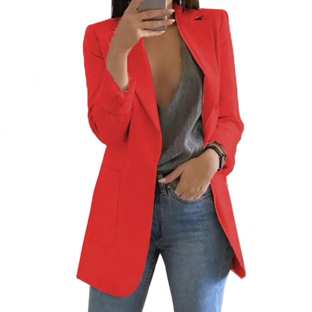 Womens Long Wool Blazer with Open Front Design and Tailored Fit