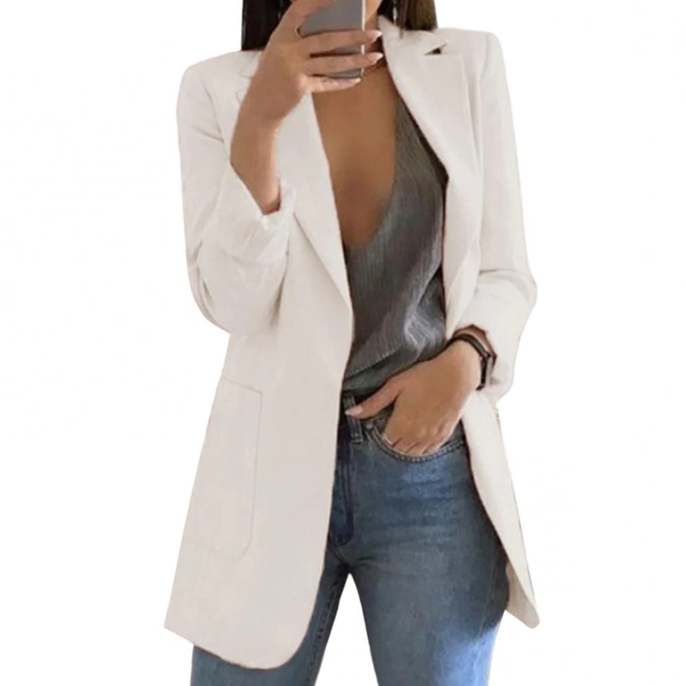 Womens Long Wool Blazer with Open Front Design and Tailored Fit