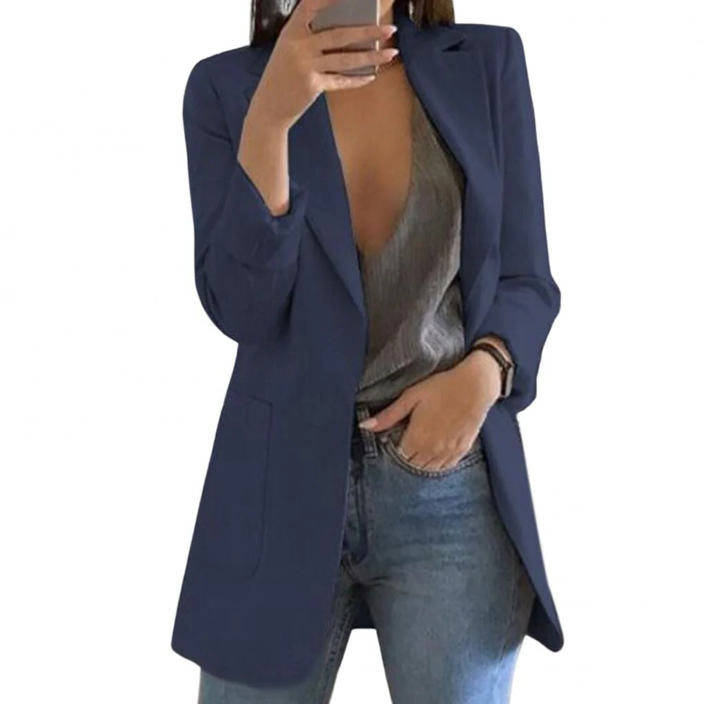 Womens Long Wool Blazer with Open Front Design and Tailored Fit