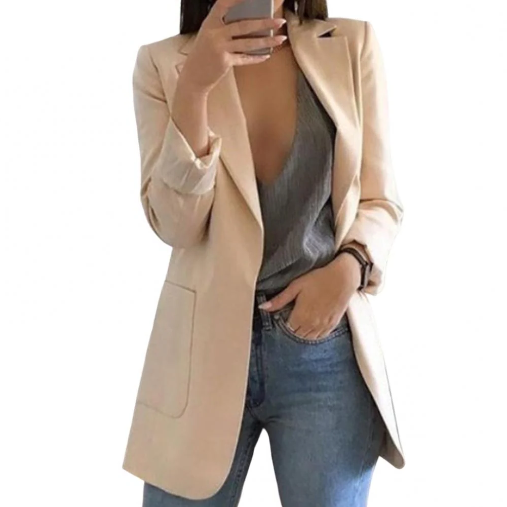 Womens Long Wool Blazer with Open Front Design and Tailored Fit