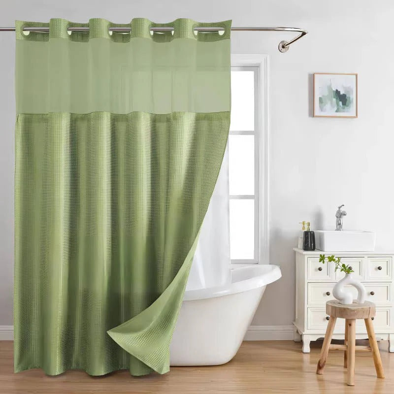 Hookless Shower Curtain with Integrated Liner and Mesh Window Panel