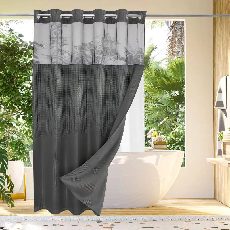 Hookless Shower Curtain with Integrated Liner and Mesh Window Panel