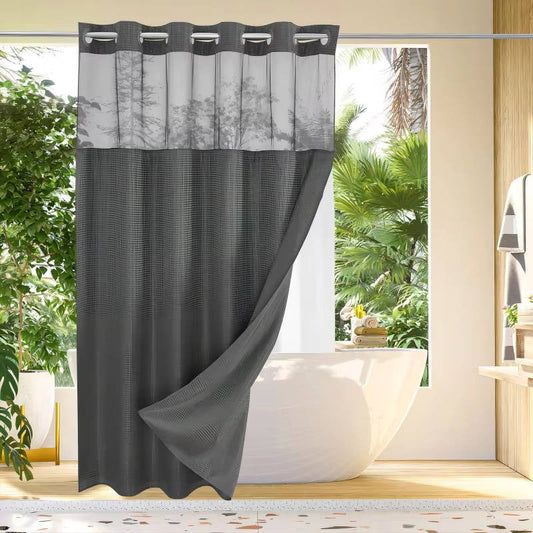 Hookless Shower Curtain with Integrated Liner and Mesh Window Panel